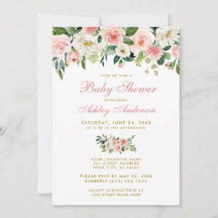 Baby Shower Pink Floral White Gold Invite GP