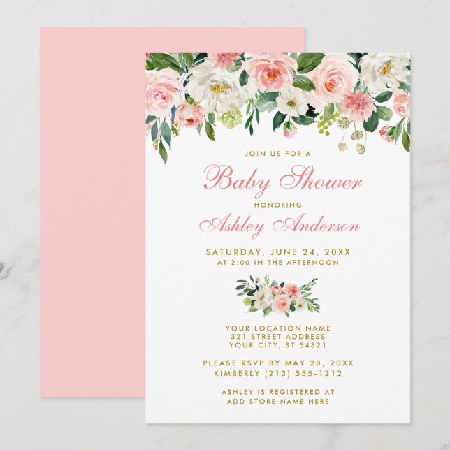 Baby Shower Pink Floral White Gold Invite Pk (Front/Back)