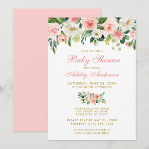 Baby Shower Pink Floral White Gold Invite Pk