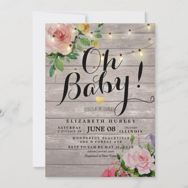 Baby Shower Pink Flowers Rustic Wood String Lights Invitation (Front)