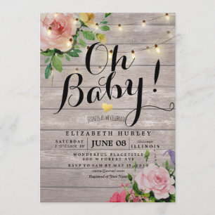 Baby Shower Pink Flowers Rustic Wood String Lights Invitation