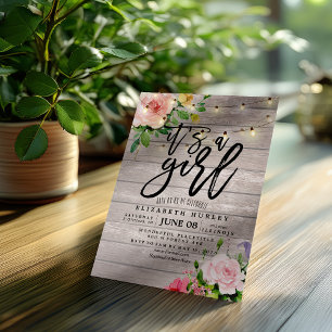 Baby Shower Pink Flowers Rustic Wood String Lights Invitation