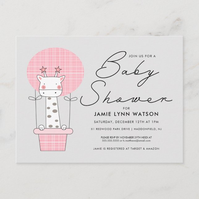 BABY SHOWER | Pink Giraffe Balloon Postcard (Front)