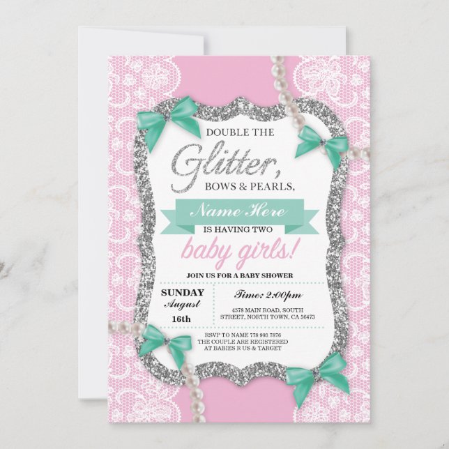 Baby Shower Pink Glitter Bow Twins Girls Invite (Front)