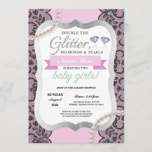 Baby Shower Pink Glitter Bow Twins Girls Invite