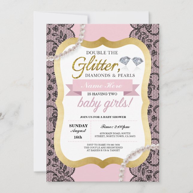 Baby Shower Pink Glitter Bow Twins Girls Invite (Front)