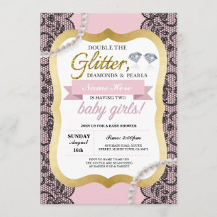 Baby Shower Pink Glitter Bow Twins Girls Invite