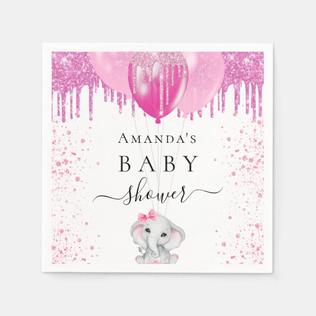 Baby Shower pink glitter elephant girl balloons Napkin (Front)