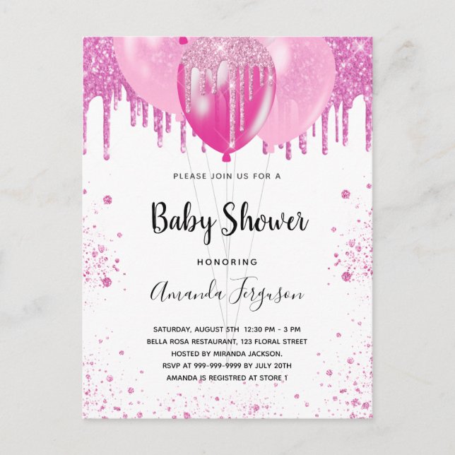 Baby Shower pink glitter girl balloons Invitation Postcard (Front)