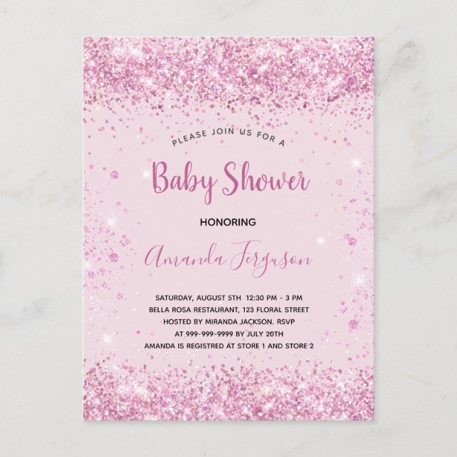 Baby Shower pink glitter girl script  Announcement Postcard (Front)
