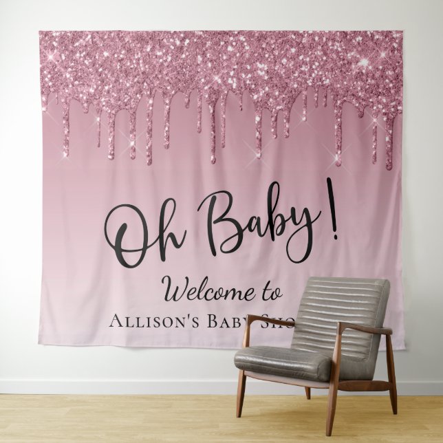 Baby Shower Pink Glitter Welcome Photo Backdrop Tapestry (In Situ (Horizontal))