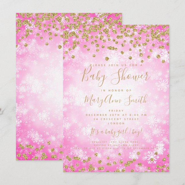 Baby Shower Pink Gold Glitter Winter Wonderland Invitation (Front/Back)