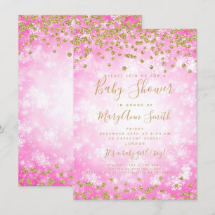 Baby Shower Pink Gold Glitter Winter Wonderland Invitation