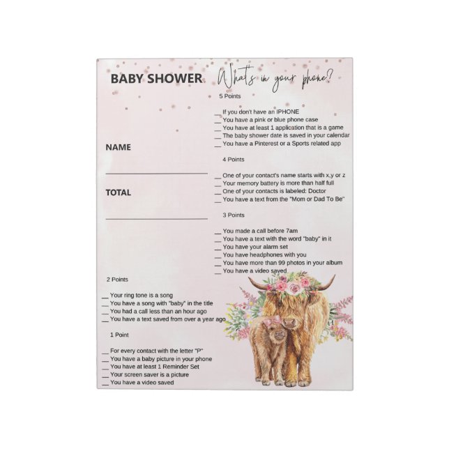 Baby Shower Pink Highland Cow Game What's In Phone Notepad (Rotated)