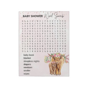 Baby Shower Pink Highland cow Game Word Search  Notepad