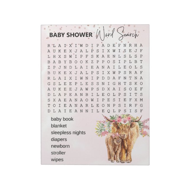 Baby Shower Pink Highland cow Game Word Search  Notepad (Rotated)