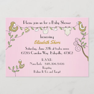 Baby Shower Pink Invitation "Gold Birds"