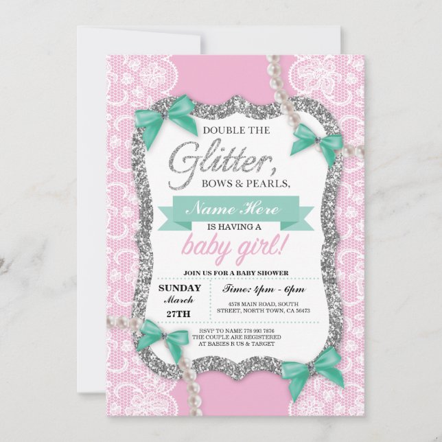 Baby Shower Pink Lace Glitter Bow Girl Mom Invite (Front)