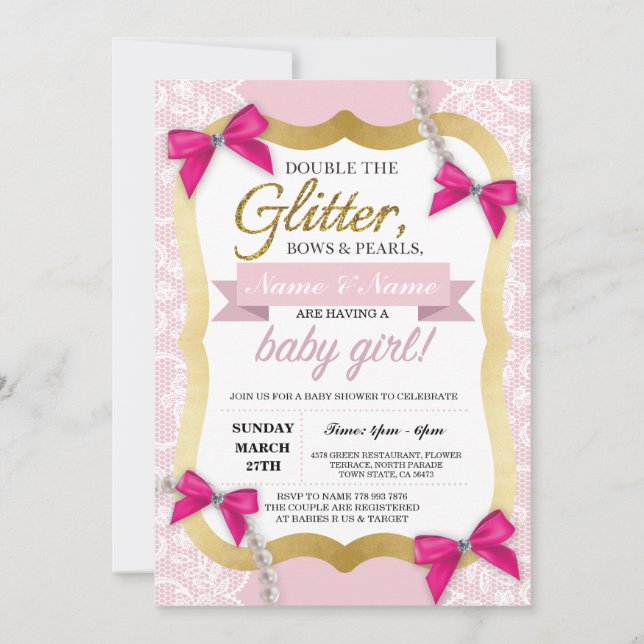 Baby Shower Pink Lace Gold Glitter Bow Girl Invite (Front)