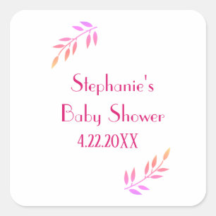 Baby Shower Pink Leaf Pattern Girls Girly Cute Square Sticker