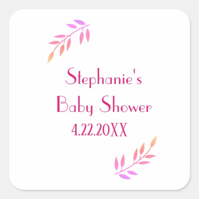 Baby Shower Pink Leaf Pattern Girls Girly Cute Square Sticker (Front)
