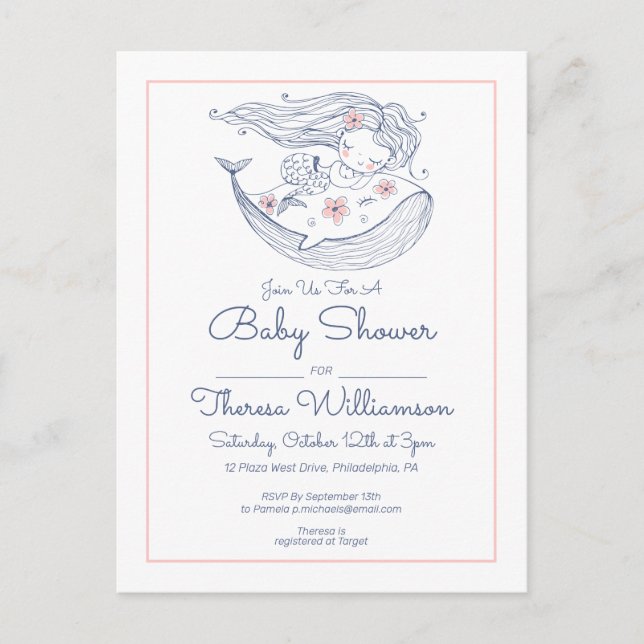 Baby Shower | Pink Little Girl Mermaid Postcard (Front)