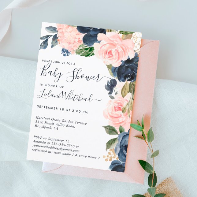 Baby Shower Pink Navy Floral Cascade Invitation (Creator Uploaded)