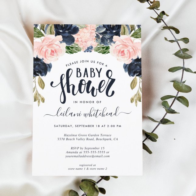  Baby Shower Pink Navy Floral Invitation (Creator Uploaded)