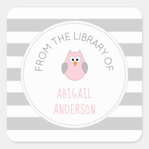 Baby Shower pink owl BOOK sticker, bookplate Square Sticker