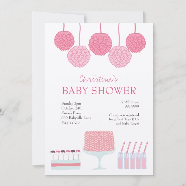 Baby Shower Pink Party Ruffle Cake Pom Poms Invite (Front)
