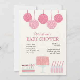 Baby Shower Pink Party Ruffle Cake Pom Poms Invite