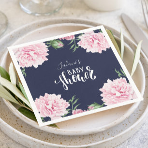 Baby Shower Pink Peony Floral Navy Blue Napkin