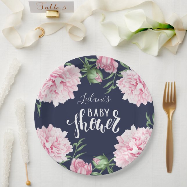 Baby Shower Pink Peony Floral Navy Blue Paper Plate (Wedding)