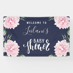 Baby Shower Pink Peony Navy Blue Welcome Banner