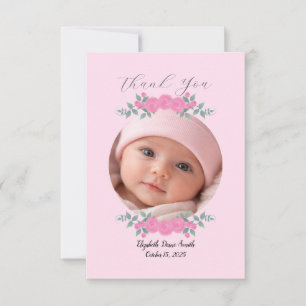 Baby Shower Pink Photo Name Thank you Card Roses