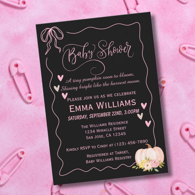 Baby Shower Pink Pumpkin Bow Hearts Cute Custom Invitation (Creator Uploaded)