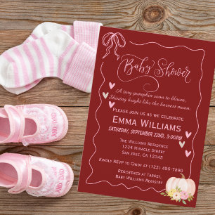 Baby Shower Pink Pumpkin Bow Hearts Cute Custom Invitation