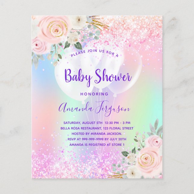 Baby Shower pink purple floral balloons budget Flyer (Front)
