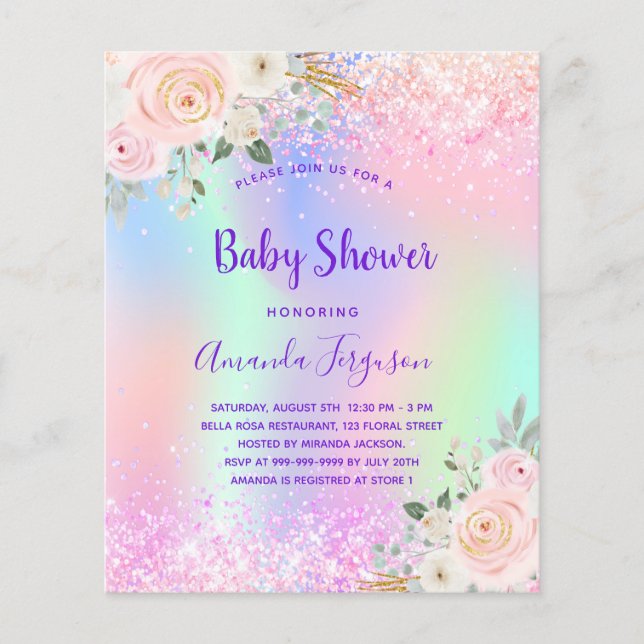Baby Shower pink purple floral invitation (Front)