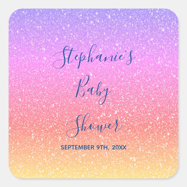 Baby Shower Pink Purple Glitter Custom Cute 2021 Square Sticker (Front)