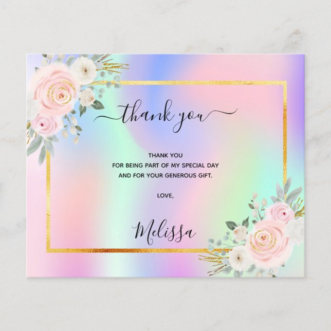 Baby Shower pink purple photo holograpic thank you (Front)
