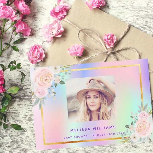 Baby Shower pink purple photo rainbow floral Thank You Card (Creator Uploaded)