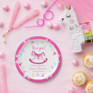 Baby shower pink rocking hobby horse custom name paper plate