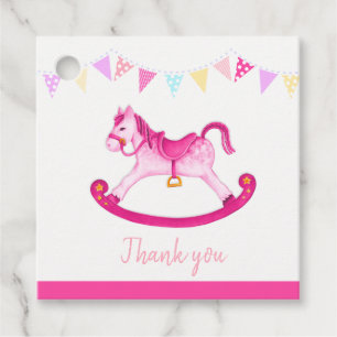 Baby shower pink rocking horse watercolor art favour tags