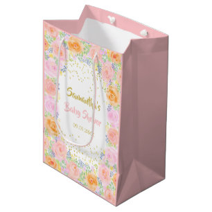 Baby Shower Pink Roses Watercolor Floral Fancy Medium Gift Bag