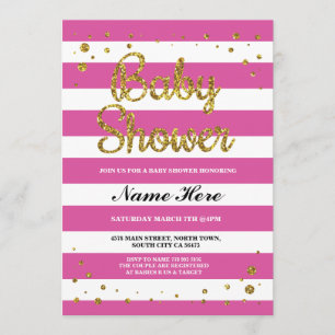 Baby Shower Pink Stripe Gold Glitter Girl Invite