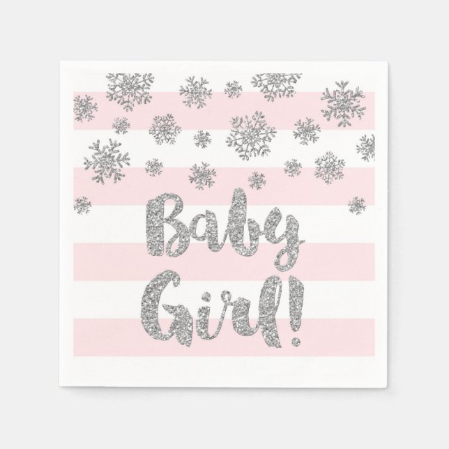 Baby Shower Pink Stripes Silver Snowflakes Napkin (Front)