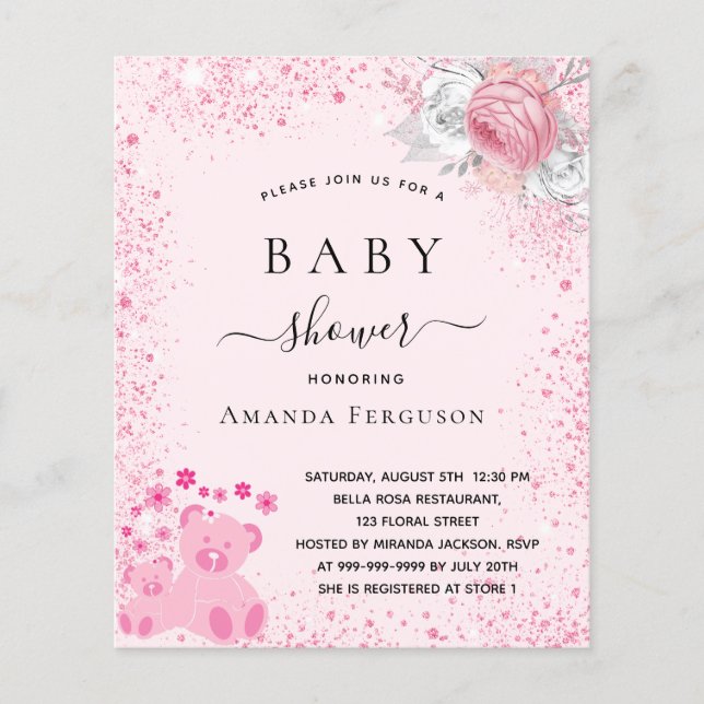 Baby shower pink teddy bear girl floral invitation (Front)