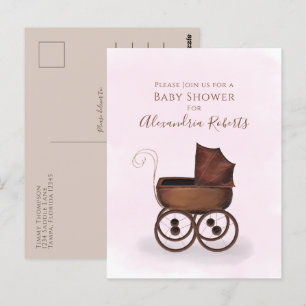 Baby Shower Pink Watercolor Girl Baby Carriage Postcard