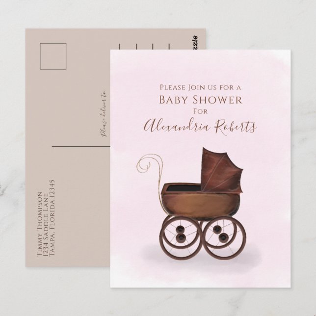 Baby Shower Pink Watercolor Girl Baby Carriage Postcard (Front/Back)